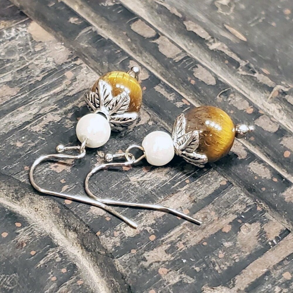 Handcrafted Malaysia Jade Gemstone White Faux Pearl Silver Dangle Earrings